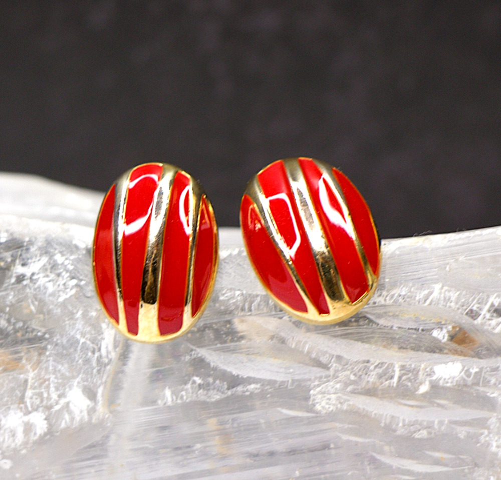 Vintage Red & Gold Striped Stud Earrings | Glam 70s 80s Statement Jewelry